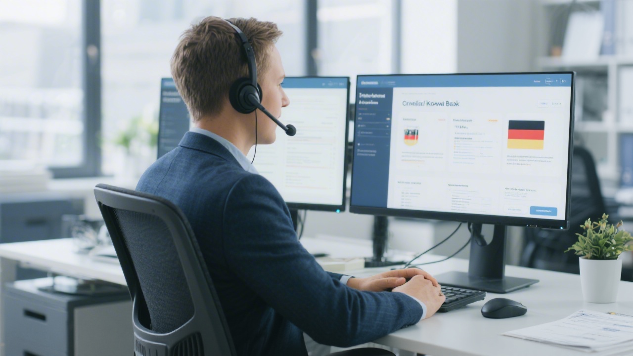 Customer support specialist wearing headset in modern workspace with dual monitors, knowledge base on screen, and reassuring posture to signal responsive German tax documentation assistance.