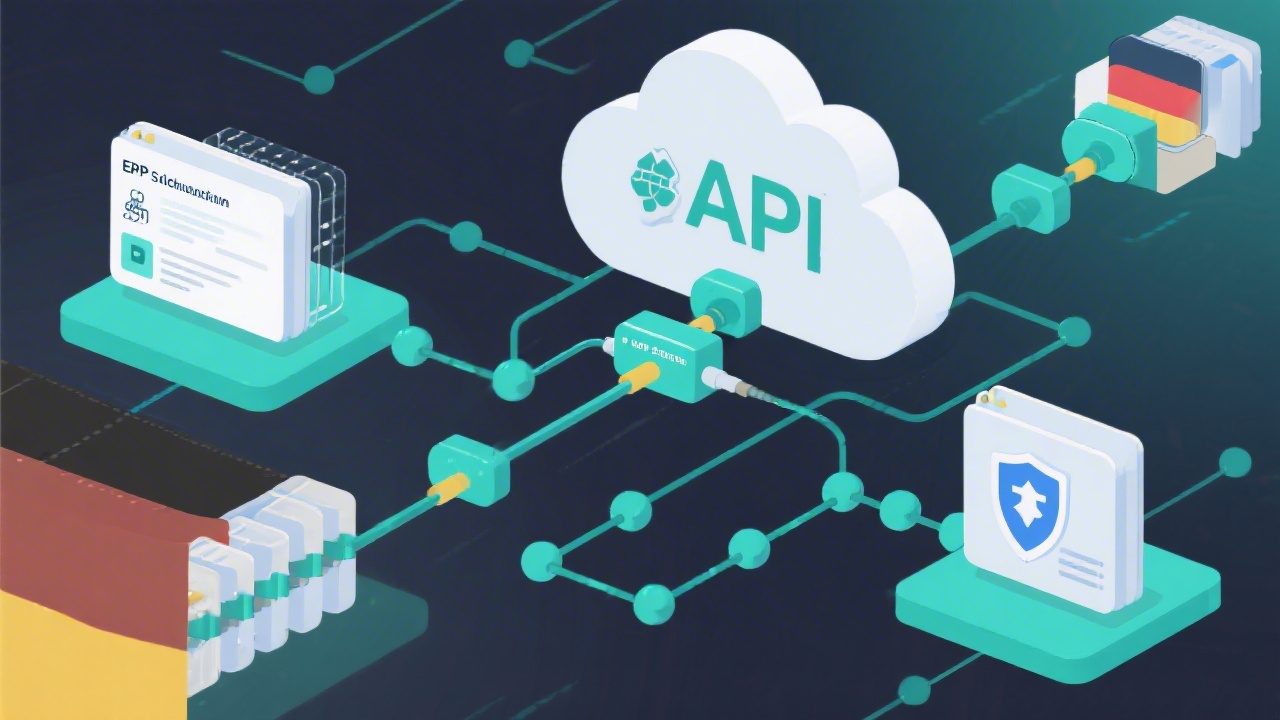 Cloud integration illustration showing API connectors linking accounting software, ERP systems, and secure archives symbolizing synchronized German tax data flows with teal network nodes.