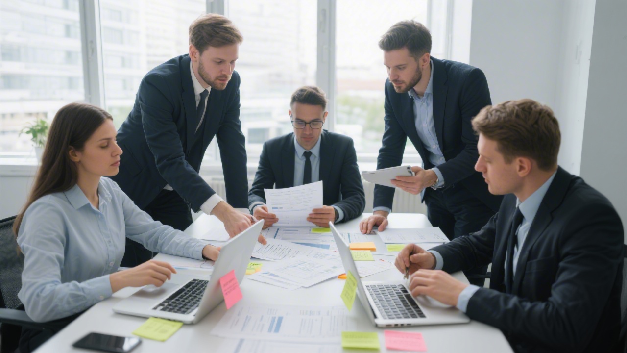 Group of compliance analysts collaborating over printed workflows, laptops, and sticky notes to emphasize cross-functional expertise supporting German tax documentation projects.