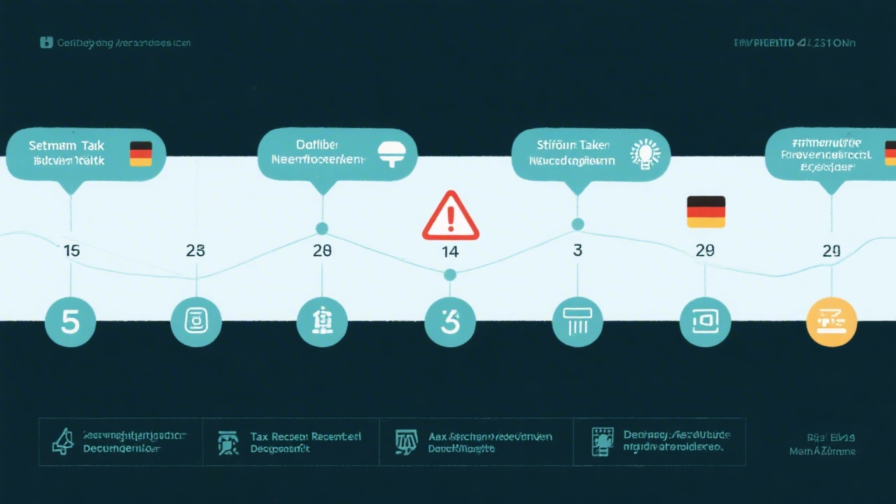 Illustrated horizontal timeline with months, milestones, and alert icons highlighting statutory deadlines for German tax records retention across departments using calm blue and teal branding.