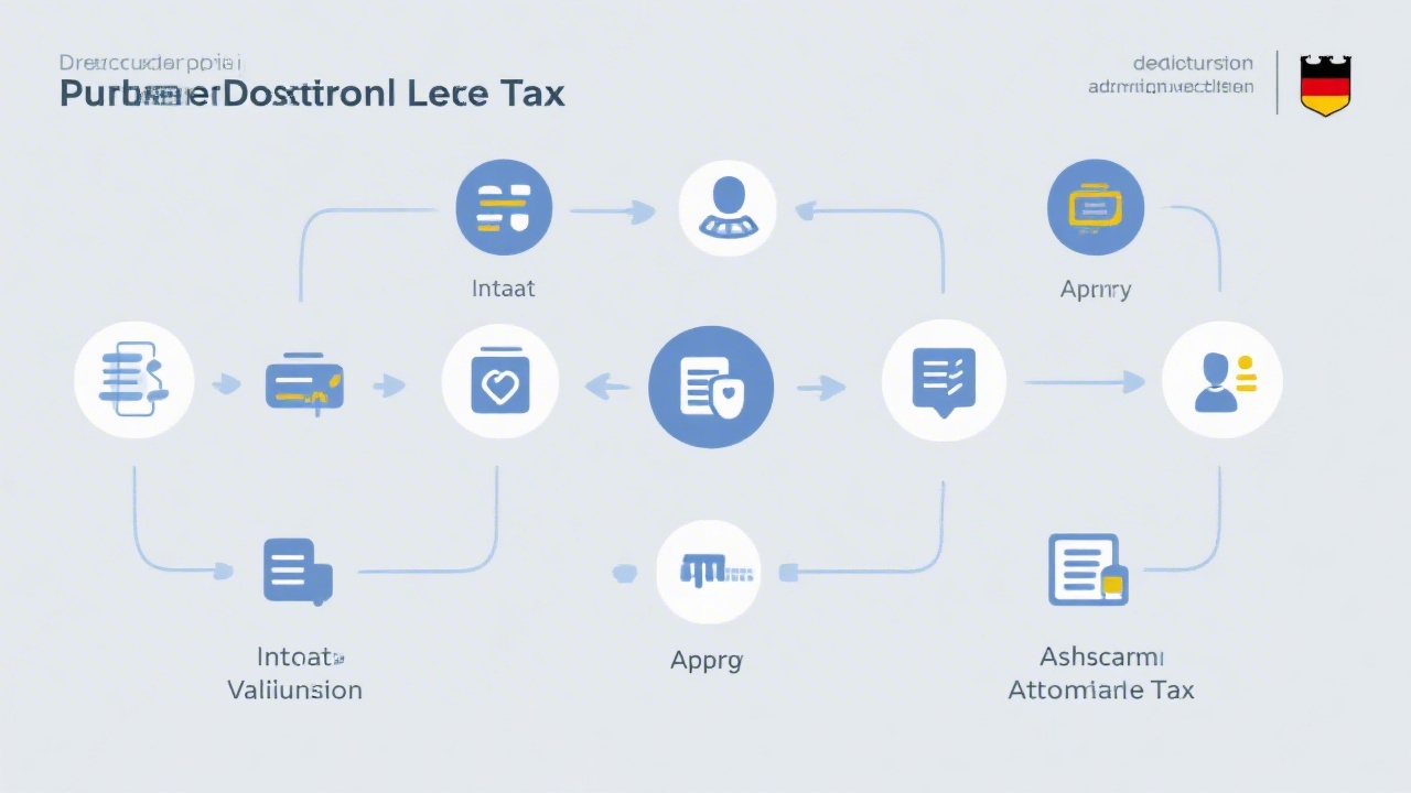 Process illustration showing interconnected workflow icons for intake, validation, approval, and archiving within automated German tax documentation lifecycle emphasising collaboration and controlled digital data handling.